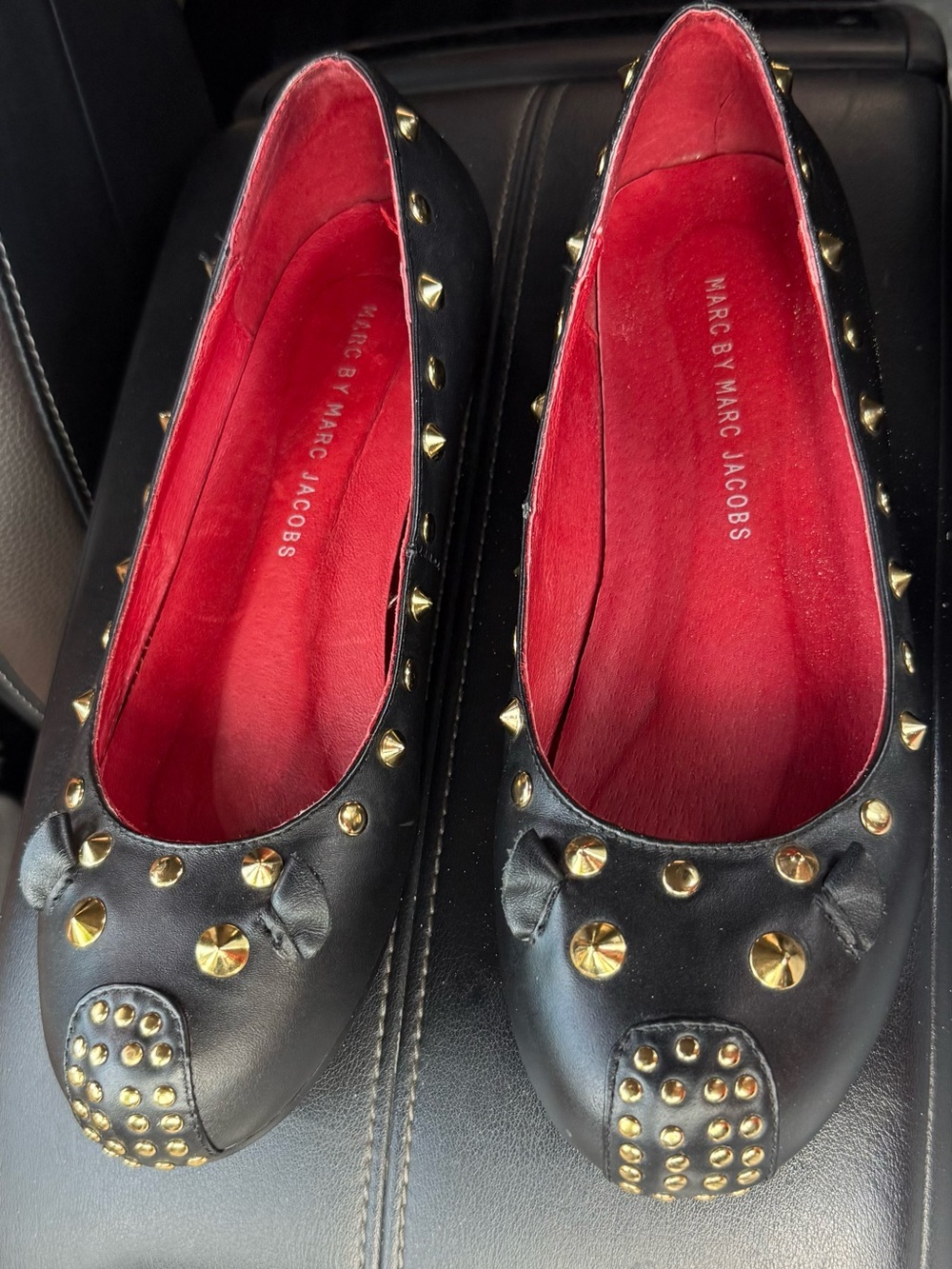 Marc by Marc Jacobs Black Leather Studded Ballet Flats with Red Lining